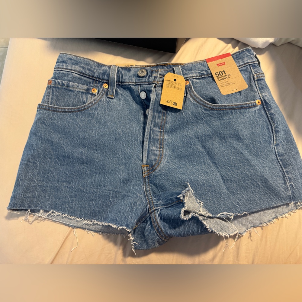 Levi's 501 ORIGINAL HIGH RISE Light Blue Frayed Denim Shorts size 30